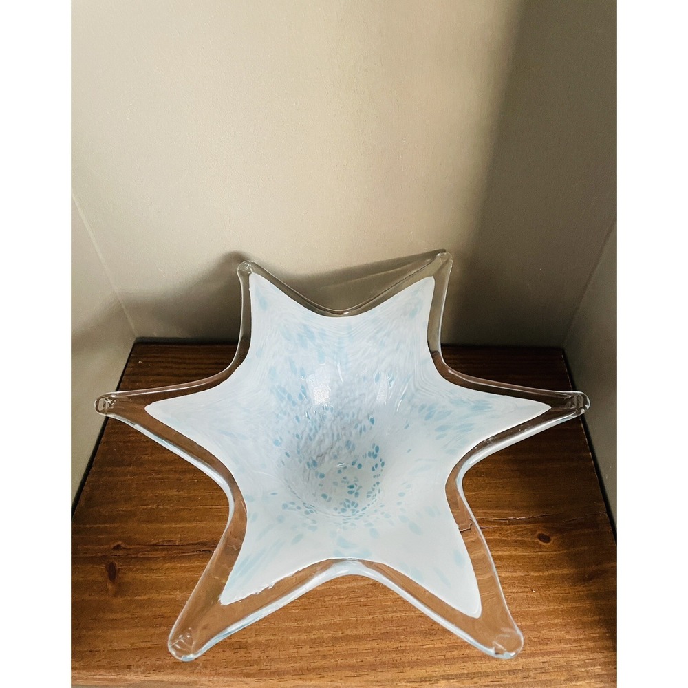 Vintage Murano Art Glass Blue & White Speckled Star Shaped Bowl Centerpiece 12.5